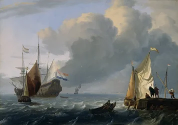 Niederländische Fregatte und andere Schiffe vor der Küste, ca. 1690