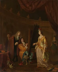 Ein Künstler in seinem Atelier, der das Porträt einer Dame malt