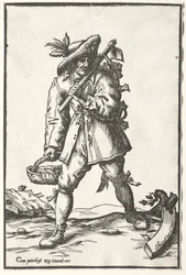 Bauer mit Hacke, Korb und Henne