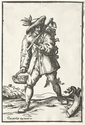 Bauer mit Hacke, Korb und Huhn