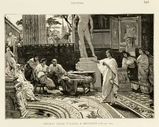 Maecenas hört Virgil beim Vorlesen der Aeneis zu, Illustration von Lodovico Pogliaghi für Frühgeschichte Roms von Francesco Bertolini, Fratelli Treves Ausgabe, Mailand