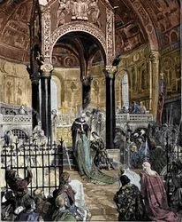 Hochzeit von Heinrich VI. mit Prinzessin Normandie Constance von Hauteville in der Basilika von St. Ambrose in Mailand im Jahr 1186. Illustration von Pogliaghi