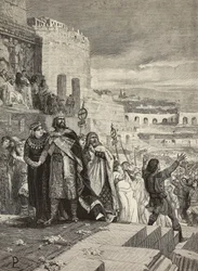 Hochzeit von Ugo und Marozia, Hochzeitsprozession in Anwesenheit des Papstes, Gravur von E. Mancastroppa nach einem Gemälde von Lodovico Pogliaghi, aus L