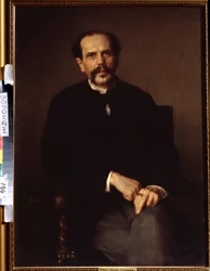 Porträt eines Mannes. Er trägt einen schwarzen Anzug und einen Siegelring am Finger. Werk von Ludwig Knaus (1829-1910). Iwan-Kramskoi-Museum der Schönen Künste (auch Kramskoi) in Woronesch (Voronezh), Russland.
