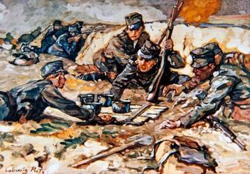 Verpflegung der österreichischen Schützengräben unter Beschuss durch russische Artillerie