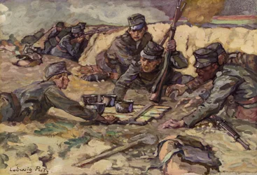 Erfrischung aus der Feldküche während der Kämpfe in den Schützengräben