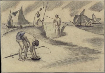 Drei angelnde Knaben am Meer mit Segelschiffen