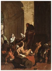 Nordquerhaus, Altar des San Rocco 1635, 45, Genovesino 1645, Verteilung von Gütern an die Armen, unten links gemalt