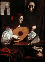 Der Lautenspieler. Neben der Partitur liegen zwei Ringe, eine Nadel und ein Totenkopf (Vanitas) auf einem Ständer. Gemälde von Luigi Miradori dit Il Genovesino (1600/10-1655/57) 17. Jahrhundert Galleria di Palazzo Rosso Genua, Italien