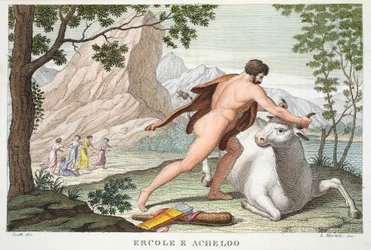 Herkules und Achelous, Buch IX, Illustration aus Ovids Metamorphosen, Florenz, 1832