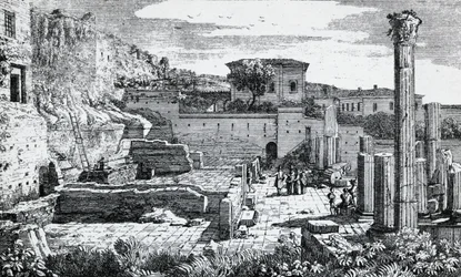 Ruinen des Tempels von Vespasian in Brescia, Gravur von Louis Basiletti, Italien
