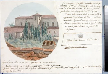 Teleskopansicht der Kirche San Salvatore al Monte bei Florenz (Zeichnung und Aquarell, ca. 1833)