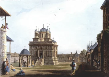 Kirche und Kloster der Heiligen Maria, Türkei. In „Ansichten in den osmanischen Herrschaftsgebieten, in Europa, in Asien und einigen Mittelmeerinseln“ nach den Originalzeichnungen von Luigi Mayer, London
