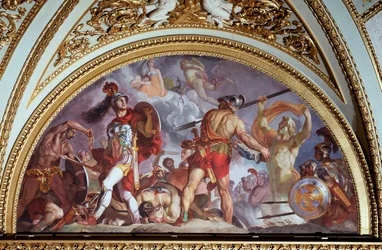 Homers Ilias: Kampf zwischen Hector und Ajax, Ajax wirft einen Stein auf Hector, während Jupiter mit Juno schläft