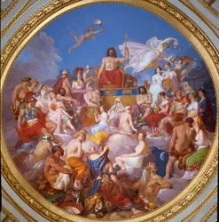 Der Rat der Götter (oder Versammlung der Götter): Zeus auf dem Olymp ist von Gottheiten umgeben. Von oben nach unten und auf der linken Seite sind dargestellt: Ganymed, Athene, Poseidon, Hermes, Hephaistos, Aphrodite, Eros, die 3 Chariten, Dionysos und