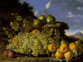 Stillleben mit Teller mit Trauben, Pfirsichen, Birnen und Pflaumen in einer Landschaft, ca. 1771
