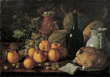 Stillleben mit Äpfeln, Trauben, Melonen, Brot, Krug und Flasche