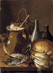 Stillleben mit Heringen, Schnittlauch, Knoblauch und Küchenutensilien