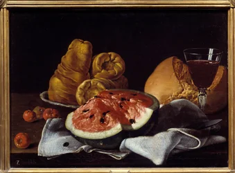 Wassermelone, Brot, Kuchen und Weinkelch