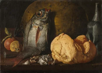Stillleben mit Fisch, Brot und Kessel