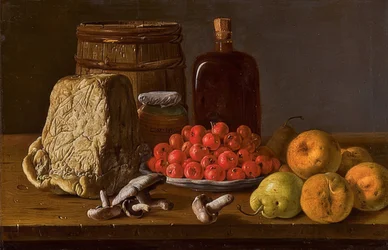 Stillleben mit einem Teller mit Azarol-Äpfeln, Obst, Pilzen und Käse