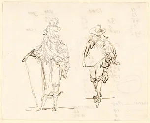 Zwei Figuren, eine im französischen Louis XIII-Stil und die andere im spanischen Stil des 17. Jahrhunderts gekleidet