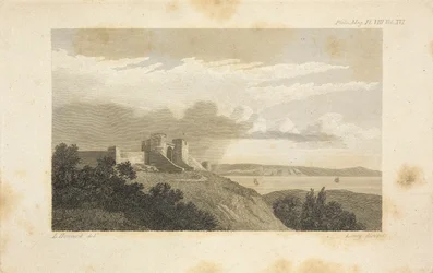 Ein ferner Schauer kommt hinter einem erhöhten Landpunkt hervor, in dem das obere Blatt in verschiedenen Teilen nach Luv streckt und Kumuluswolken auf die Masse zu und in sie eintreten, was insgesamt die Nimbuswolke bildet.