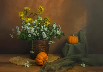 Herbstblumen und Kürbisse