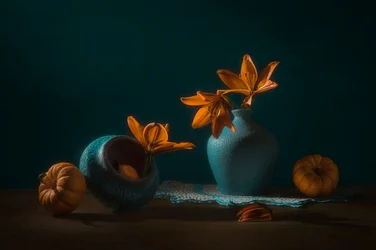 Herbstliche Lilien und Kürbisse