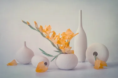 Gelbe Blüten, weiße Vasen