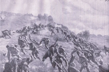 Die Rückeroberung von Szawle. Erstürmung des Hügels, aus Die illustrierte Geschichte des Weltkriegs 1914-1915, veröffentlicht von Union Berlagsefellfchaft