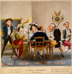 Ein echtes Gummi! Beim Whist, Druck von George Hunt, 1827