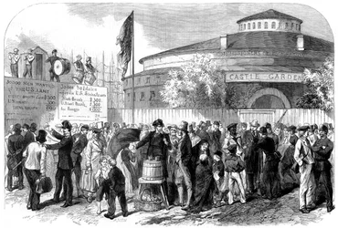 Anwerbung irischer und deutscher Einwanderer auf der Battery, New York, USA, 1864