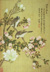 Zierapfel, Magnolie und Baitou-Vögel