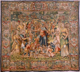 Serie Geschichte von Gideon. Die Israeliten übergeben Gideon ihren Anteil an der Beute (Los israelitas entregan a Gedeón su parte del botín). Seide und Wolle. Vermächtnis von Bischof.