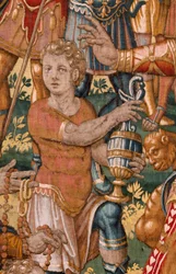 Diözesanmuseum. Flämischer Wandteppich. Brüssel. Werkstatt François Geubels. Serie Geschichte Gideons. Die Israeliten übergeben Gideon ihren Anteil an der Beute. Seide und Wolle. Vermächtnis des Bischofs.
