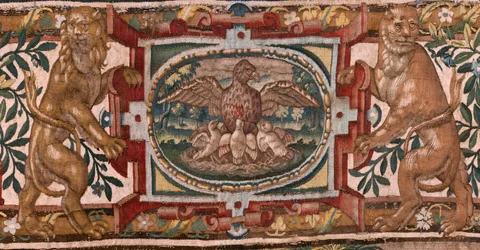 Diözesanmuseum. Flämischer Wandteppich. Brüssel. Werkstatt François Geubels. Serie Geschichte Gideons. Die Israeliten übergeben Gideon ihren Anteil an der Beute. Seide und Wolle. Vermächtnis des Bischofs.