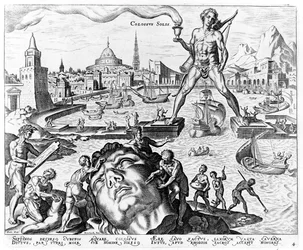 Der Koloss von Rhodos, Tafel 4 aus „Die acht Weltwunder“, gestochen von Philips Galle, 1572