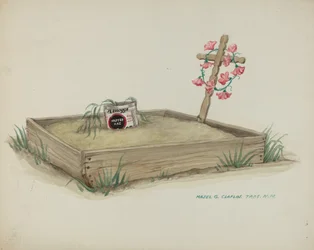 Kindergrab mit handgemachtem Holzkreuz, ca. 1937