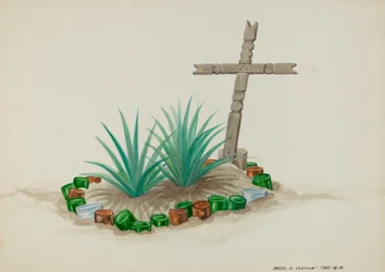 Kindergrab mit Holzkreuz - Flaschendekorationen, ca. 1937