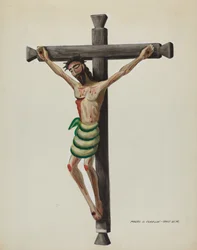 Cristo, geschnitzt und bemalt, auf schwarzem geschnitztem Holzkreuz