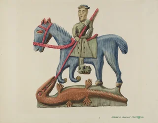 Sankt Georg und der Drache, aus einem Plankenabschnitt geschnitzt - bemalt, ca. 1938