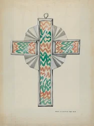 Zinn- und bemaltes Glas-Kreuz, ca. 1937