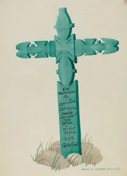 Holzkreuz, geschnitzt, als Grabstein verwendet, ca. 1937