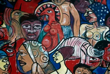 Gesichter, Wandgemälde im Garten des Naturkundemuseums in Maputo, von Malangatana Valente Ngwenya (1936-2011), Mosambik, 20. Jahrhundert