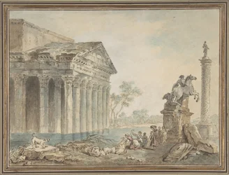 Architektonische Capriccio mit römischen Denkmälern und Wäscherinnen