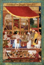 Kaiser Jahangir wiegt Prinz Khurram in Gold, ca. 1610-1615 (Miniatur)
