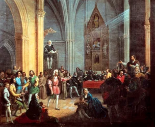 Christoph Kolumbus bei der Verlesung der königlichen Pragmatik, Detail eines Gemäldes von Manuel Cabral y Aguado Bejarano. 19. Jahrhundert