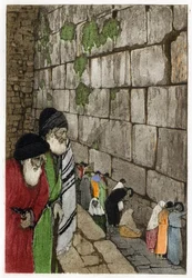 Juden vor der Klagemauer, dem einzigen Überrest des von König Salomo im Jahr -950 erbauten Tempels von Jerusalem. Gravur von Manuel Orazzi (1860-1934), in „L