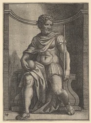Ein römischer Kaiser sitzt in einer Nische, hält einen Globus und ein Zepter und schaut nach..., ca. 1500-1534
